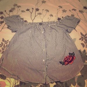 Striped off the shoulder button down blouse